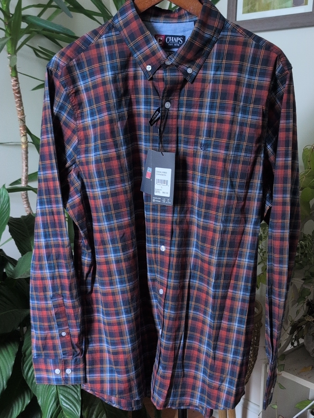 NWT Chaps Men's Navy, Orange & Red Plaid Button-Down Lightweight Shirt